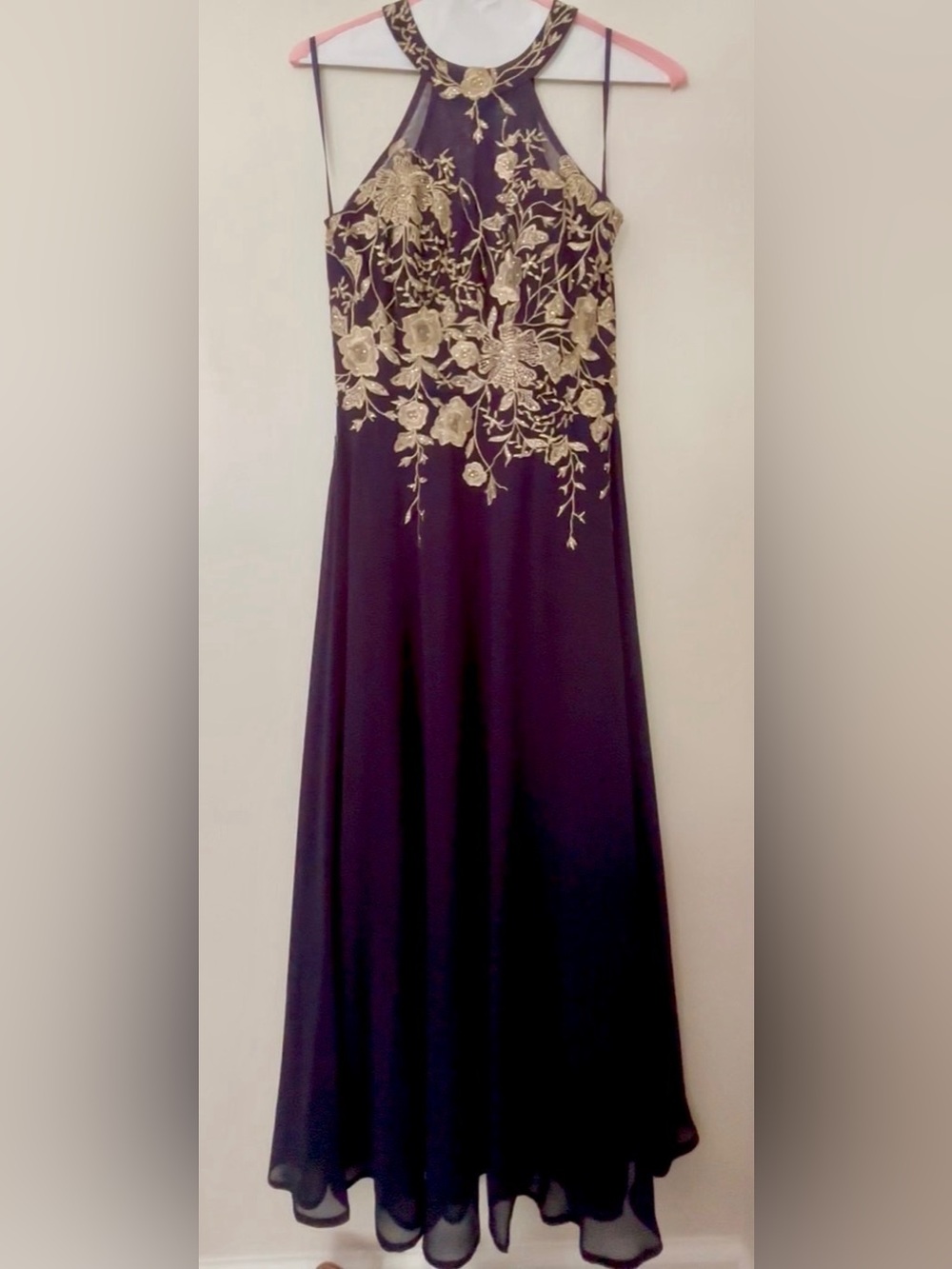 Betsy & Adam Black Maxi Dress with Gold Floral Embroidery